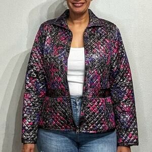 Chico's Metallic Shimmer Floral Paisley Quilted Full Zip Jacket Sz 2/L